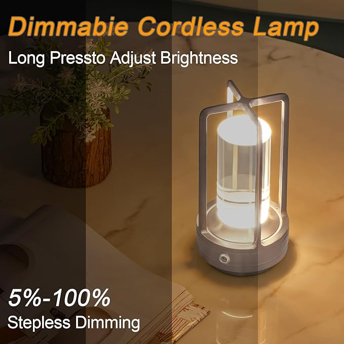 Rechargeable Table Lamp Cordless, 3 Color | Crystal | Stepless Dimming, for Bedroom, Cafe, Camping, Dining Table, Home Decor, 2 Pack (Silver)