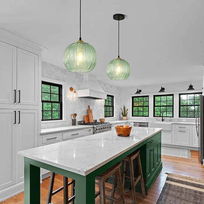 9.8'' Green Glass Pendant Lighting, Single Large Globe Chandelier with Ribbed Glass Lampshade, Nordic Ceiling Hanging Ball Light Fixture for Kitchen Island, Dining Living Room, Bedroom