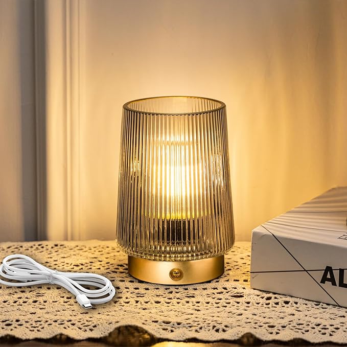 MJ Cordless Lamps Rechargeable Battery Operated Lamp Glass Table Lamp Portable Dimmable Brightness Adjust Decorative Dimmable Beside Small Lamp for Home Decor Livingroom Bedroom Kitchen Bathroom Grey
