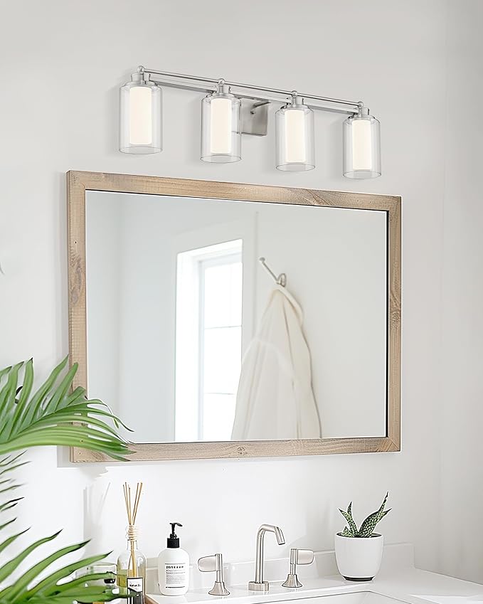 HWH 4 Light Modern Bathroom Vanity Lights Over Mirror, Brushed Nickel Dimmable 24W LED, 5CCT