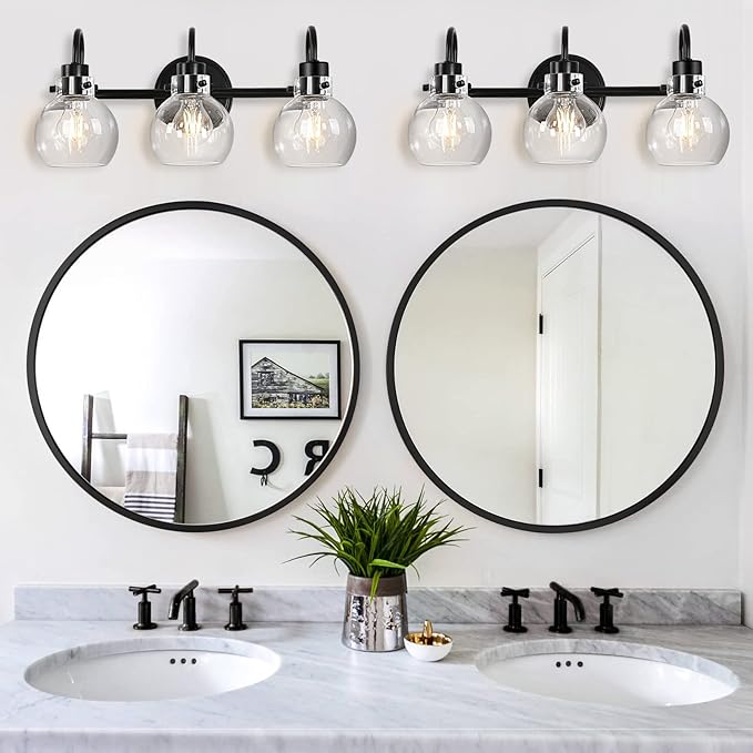 Bathroom Light Fixtures, Black 3 Lights Vanity Light, Farmhouse Wall Sconces with Globe Glass Shade, Porch Wall Mount Lamp for Mirror, Kitchen, Porch Living Room Workshop (E26 Base)