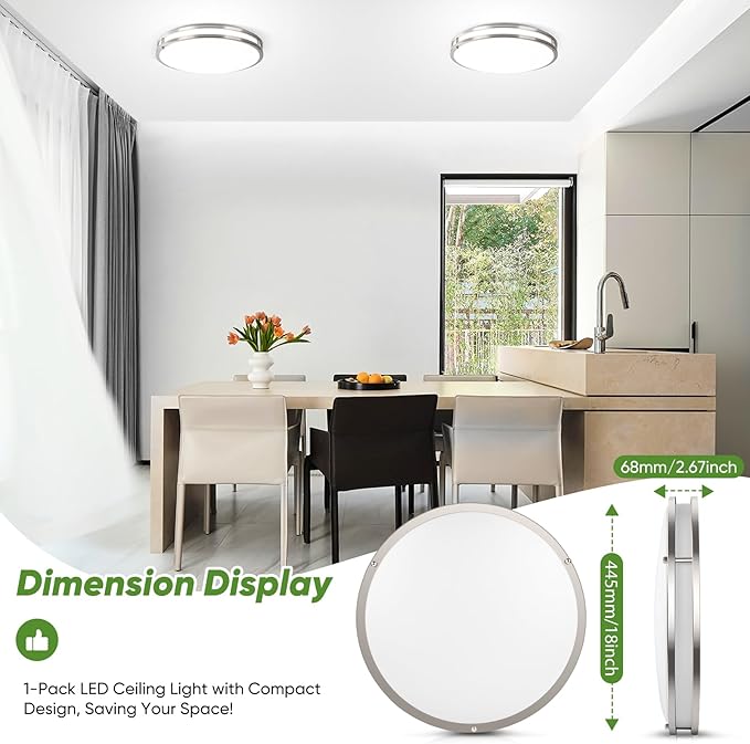 TOBUSA 18inch LED Flush Mount Ceiling Light, 50W 5600lm Bright Dimmable LED Ceiling Light Fixture, 2700K-6500K Adjusted, Modern Kitchen Light Fixture Ceiling for Living Room Bedroom, Brushed Nickle