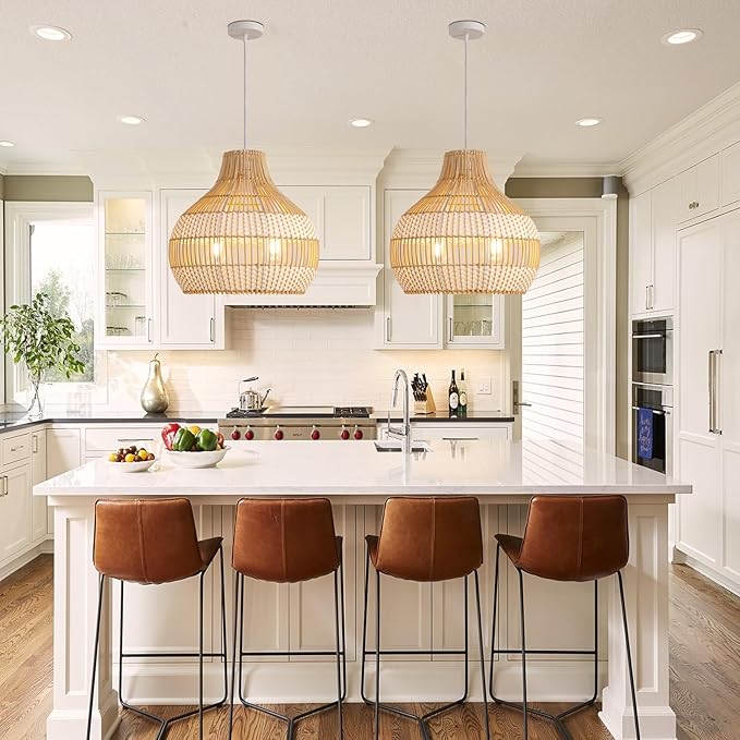 14.56" Rattan Pendant Light Fixture,2-Light Hand-Woven White Wicker Basket Chandelier 1-Pack Boho Faux Rattan Hanging Lamp,for Dining Living Bedroom Kitchen