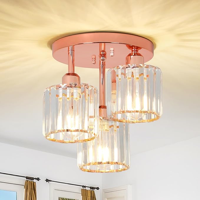Crystal Semi Flush Mount Ceiling Light,3-Light Modern Kitchen Lighting Fixtures,Rose Gold Dining Room Light Fixture with Clear Crystal Shade，Ceiling Light Fixture for Bedroom Bathroom