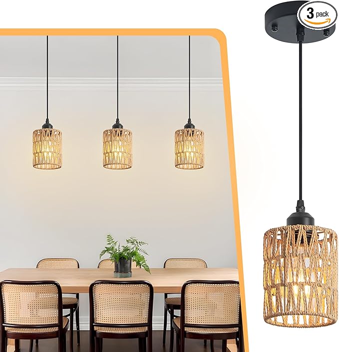 3 Pack Rattan Chandelier Pendant Lights Kitchen Island,Farmhouse Boho Chandeliers Adjustable Height Hanging lamp for Dining Room,Kitchen Ceiling Light Fixtures with Hand Woven Wicker Lampshade