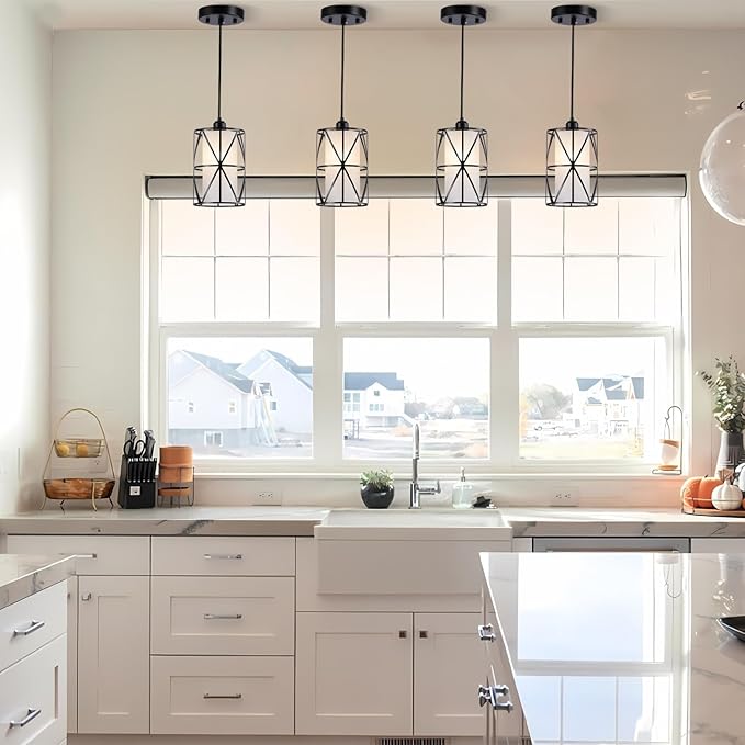 5.4"×7.9" Pendant Lights - Matte Black Kitchen Island Lights, Modern Cylindrical Pendant Light Fixtures with Frosted Glass, Foyer Lighting
