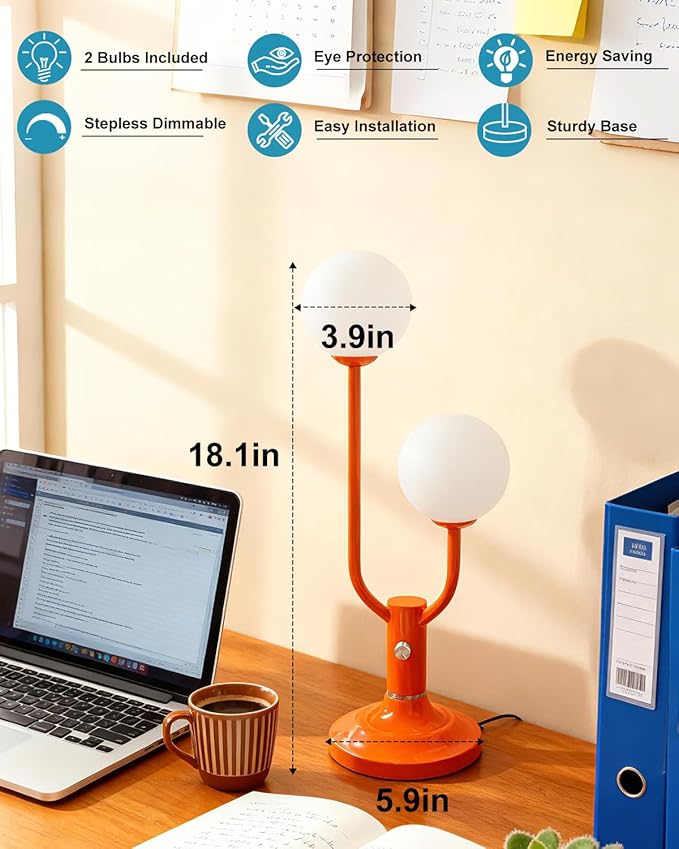 Lightdot Globe Table Lamp for Bedroom Mid Century Modern Orange Small Desk Lamp Dimmable 3000K Warmwhite Nightstands Bedside Lamp for Living Room Home Office(G9 Bulbs Included)