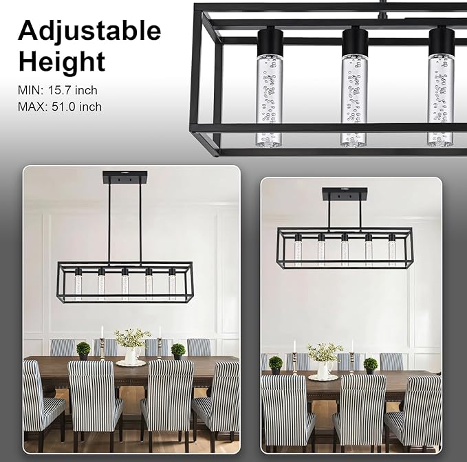 MELUCEE 5 Color Black Pendant Lights Kitchen Island, 5 Lights Modern Kitchen Island Lights 25W Dining Table Light Fixture with Crystal Bubble, Integrated LED Chandelier for Dining Room Billiard Room