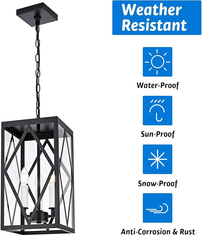 3 Light Outdoor Pendant Lights for Porch, 15.7'' Waterproof Exterior Hanging Porch Lights Ceiling Mount Outdoor Chandelier with Clear Glass for Front Porch Gazebo Patio, White Socket