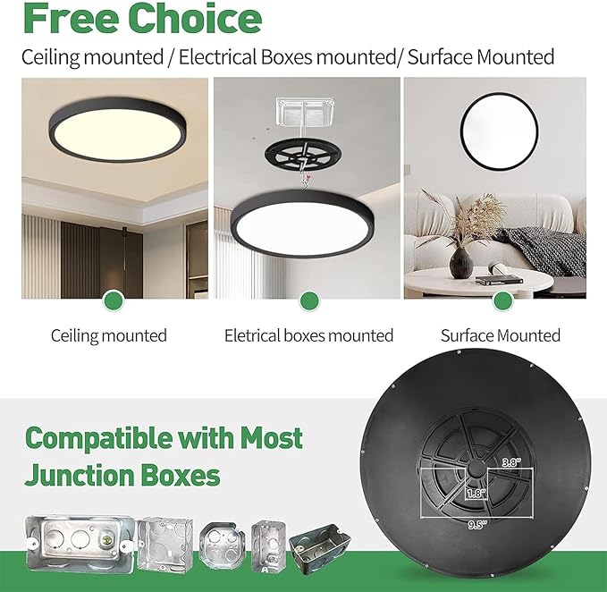 20 Inch Large LED Flush Mount Ceiling Light with Remote,40W,4350LM,3000K-6000K Selectable,Black Round Flat Panel Low Profile Ceiling Light Fixture for Kitchen,Bedroom,Hallway,Bathroom