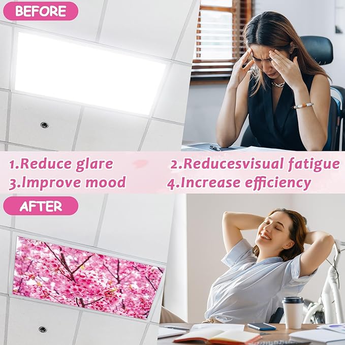 Wiooffen 6 Pcs Fluorescent Light Covers with 60 Magnets Decorative for Classroom Ceiling Light 4 x 2 Feet Magnetic Lights Covers Filter Easy Install for Office Hospitals & Home (Cherry Blossom)