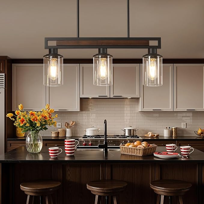 Farmhouse Dining Room Light Fixture, 3-Light Wood Kitchen Island Lighting for Dining Room Over Table, Black Adjustable Pendant Light with Clear Glass Shades, Linear Chandeliers Lighting for Kitchen