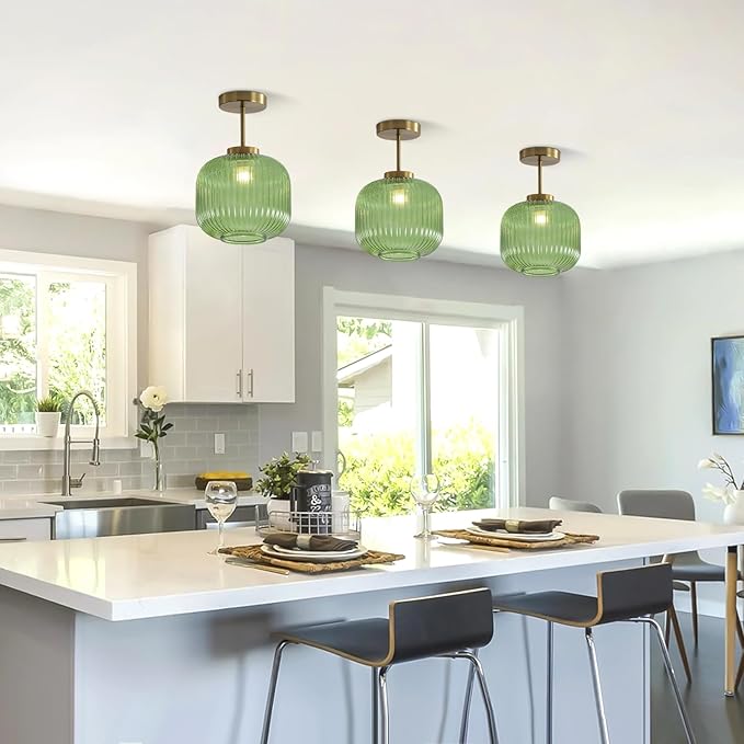 KCO Lighting Vintage Green Glass Semi Flush Mount Ceiling Light Brushed Gold Flush Mount Ceiling Light Fixtures Mid Century Antique Brass Globe Kitchen Ceiling Lighting