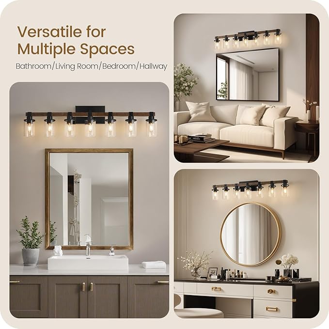7-Light Bathroom Light Fixture, Farmhouse Vanity Lights for Bathroom with Glass Shade, Rustic Bathroom Light Fixtures, E26 Base F16BD05