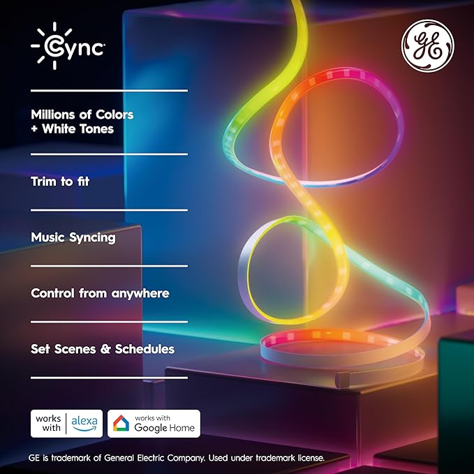 GE Cync Dynamic Effects Smart LED Light Strip with Music Sync, Color Changing WiFi Lights, Indoor Light Strip, Compatible with Alexa and Google Home, 32ft and Power Supply
