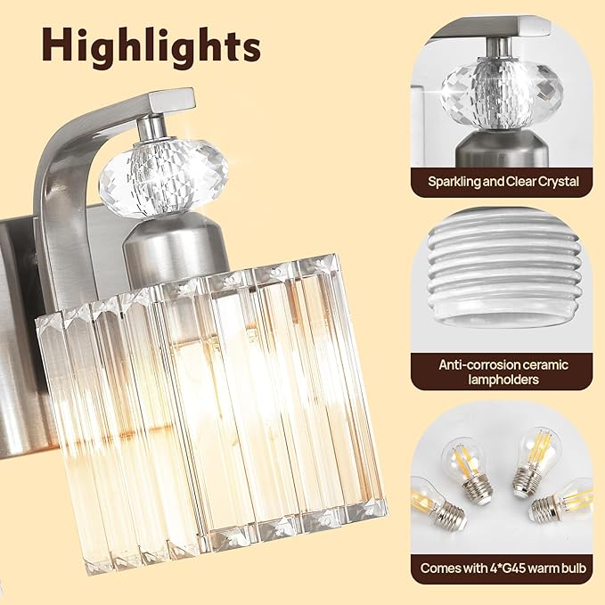 Modern Bathroom Vanity Light, 4-Light Nickel Bathroom Lighting Fixtures Over Mirror, 28.4" Crystal Wall Light Sconce for Bathroom/Bedroom/Vanity, Includes LED Bulbs, Easy Installation