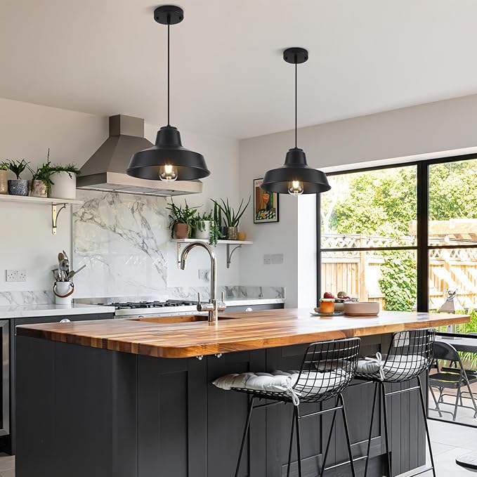 Black Pendant Lights Kitchen Island 2 Pack, 11.8" Farmhouse Kitchen Island Light, Matte Black Industrial Pendant Lighting, Modern Pendant Lights for Kitchen Island Dining Room