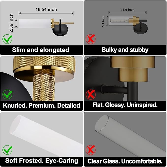 LaLuLa Wall Sconce Set of 2, Black and Gold Vanity Lights for Bathroom, Knurled Detail, Frosted Glass Cylinder Shade, E26 Base, Hardwired, Up or Down Mount, for Hallway, Bedroom, Living Room