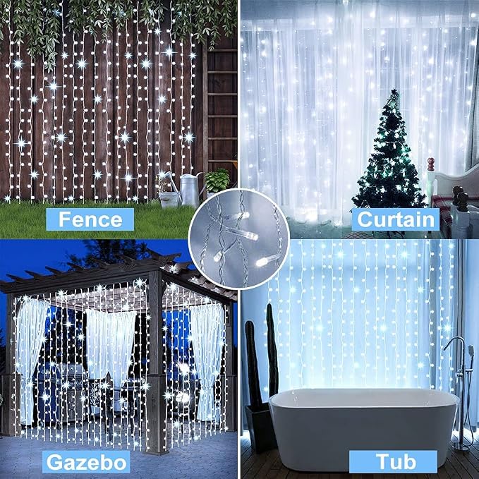 Solar Curtain Lights Outdoor Garden 300 LED Fairy String Lights 8 Modes Remote Control Waterproof Waterfall Lights for Gazebo Patio Home Festival Wedding Wall Christmas Decorations(White)