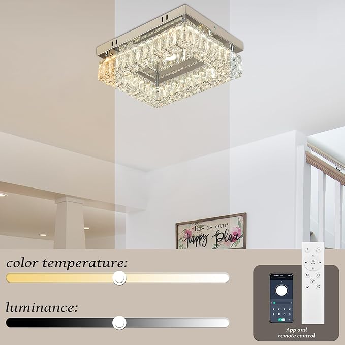 Finktonglan Modern Crystal Flush Mount Ceiling Light, 11.8" Rectangular Dimmable LED Ceiling Fixture with Multi-Faceted Crystal Prisms, 18W Low Profile for Bedroom Hallway Entryway