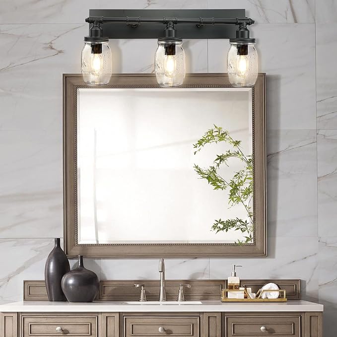 Bathroom Wall Light Fixtures, Industrial Mason Jar Vanity Light, Wall Sconce with Black Finish (3 Lights)