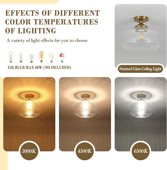 11.8in Semi Flush Mount Ceiling Light Fixture, Vintage Striated Glass Kitchen Lighting Fixtures Ceiling Mount for Entryway Hallway Bedroom Dining Room Bathroom Foyer Laundry (Clear)