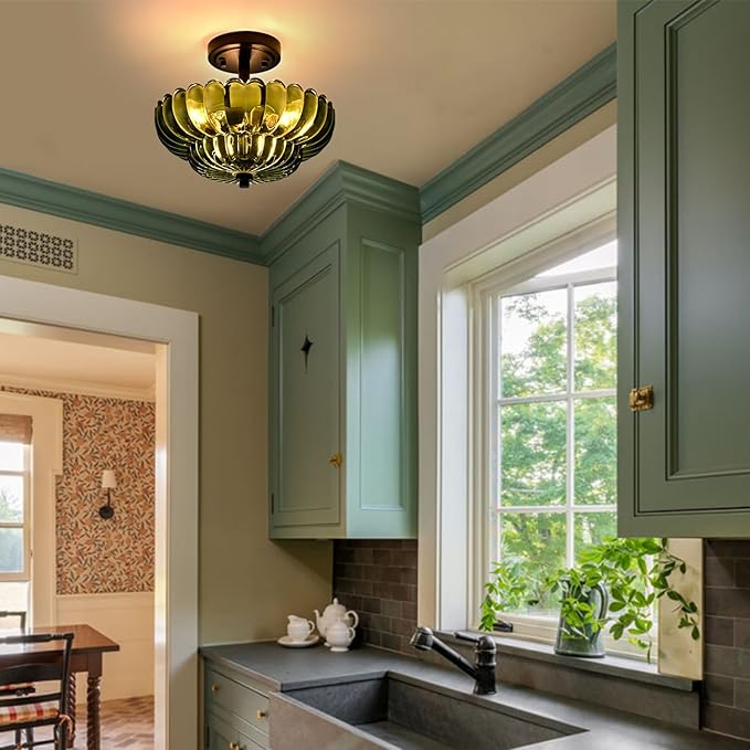 Semi Flush Mount Ceiling Light Fixture, Green Glass 3-Light Modern Vintage Ceiling Lights, Scalloped Close to Ceiling Light, Black Base Flush Mount Ceiling Light for Hallway Bedroom Entryway Kitchen