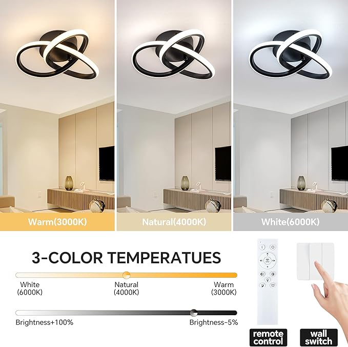 10 Inch Modern Ceiling Light, 24W LED Dimmable Ceiling Light with Remote Control, 3000-6000K Color Temperature Adjustable, Black Small Chandelier for Bedroom, Entryway, Hallway, Kitchen