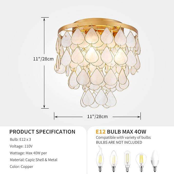 3-Light Teardrop Capiz Shell Ceiling Light, Coastal Design Flushmount Close to Ceiling Light for Kitchen, Dining Room & Bedroom, D11 * H11 inch, Gold Finish