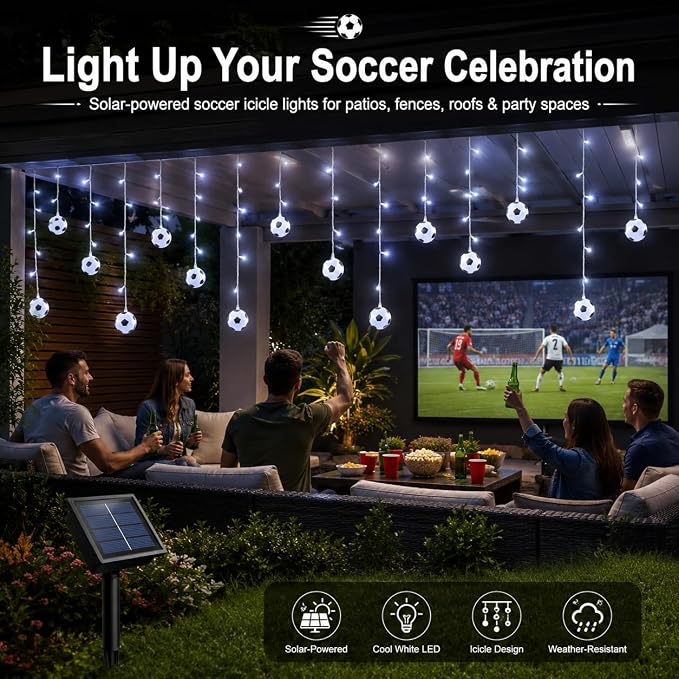 Solar Soccer String Lights, 11.5FT Soccer Ball Curtain Lights with 96 LEDs & 24 Hanging Strands, 8 Modes Timer Outdoor Soccer Party Decorations for Patio Game Day Fan Room