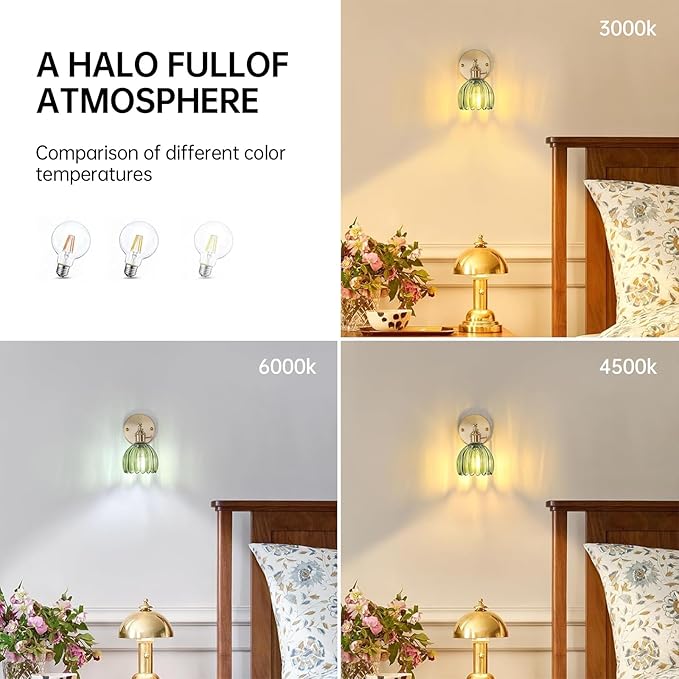 Shenmoyl Vintage Wall Sconces Set of 2 with Green Tulip Glass Lampshade 180 Degree Adjustable Brass Sconces Hradwired Modern Wall Lighting Fixture with Switch for Bedside Bedroom Doorway