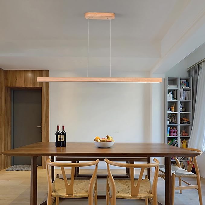 39" Wooden Linear Pendant Light LED Pendant Lights Dimmable Pool Table Island Lights Modern Linear Chandeliers for Dining Room Kitchen Ceiling Pendant Lamp for Kitchen Island Billiard Room Natural