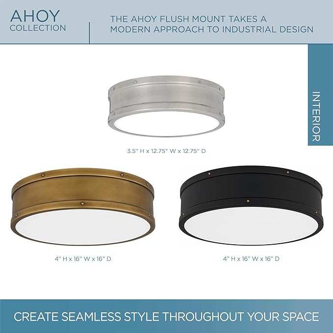Ouoizel Ahoy Round Flush Mount Ceiling Light, 16 Inch Matte Black Drum Light with Metal Shade, 33 W LED, 2605 Lumens, Close to Ceiling Light Fixtures for Home, Kitchen or Office Lighting