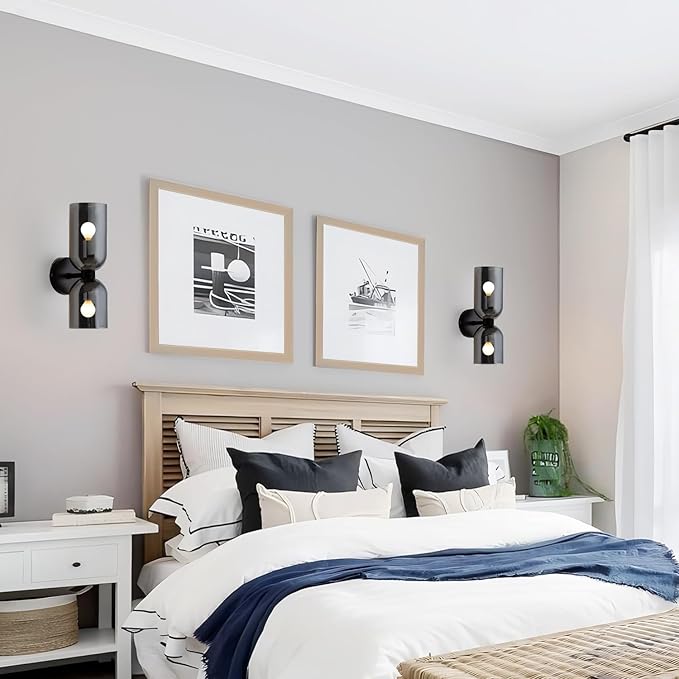Modern Glass Wall Sconces- Double Head Wall Lighting with Long Short Glass Shades- Bathroom Vanity Light Mid-Century Up Down Hardwired Wall Lamp Indoor for Bedroom Hallway Living (Black-Gray)