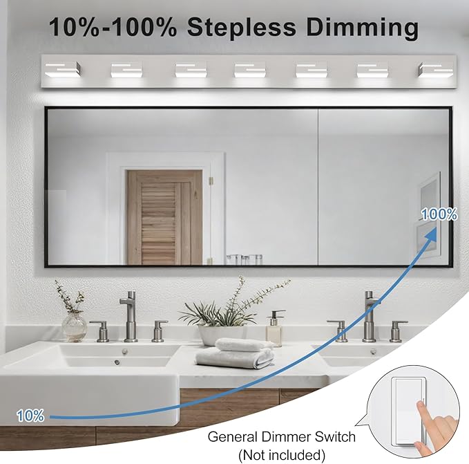 LED Modern Bathroom Vanity Light Fixtures, 7-Light 48-inch Dimmable Brushed Nickel Vanity Lights for Bathroom Lighting Fixtures Over Mirror, with 360° Rotatable Acrylic Heads (Cool White 6000K)