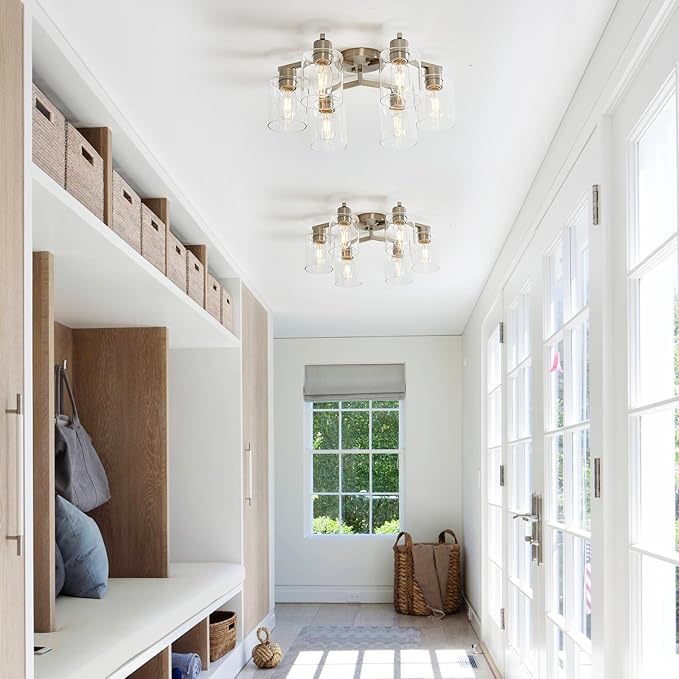 6 Light Semi Flush Mount Ceiling Light Modern Brushed Nickel Ceiling Light Fixtures Kitchen Lighting Fixtures Cieling with Clear Glass Shade for Kitchen Bedroom Living Room Dining Room