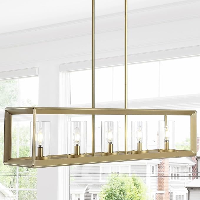 JONATHAN Y 38.5" Brass Gold Linear 5-Light LED Chandelier, Adjustable Clear Glass Shades Modern Pendant Light Fixture for Kitchen Island, Dining Room, ETL Listed (JYL7414C)