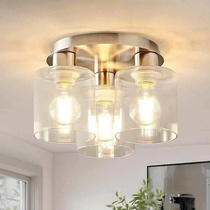 OKELI 3-Lights Semi Flush Mount Ceiling Light Fixture, Brushed Nickel Modern Close to Ceiling Light for Kitchen, Foyer, Entryway, Hallway, Dining Room, Clear Glass Shade