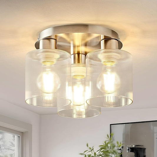 OKELI 3-Lights Semi Flush Mount Ceiling Light Fixture, Brushed Nickel Modern Close to Ceiling Light for Kitchen, Foyer, Entryway, Hallway, Dining Room, Clear Glass Shade