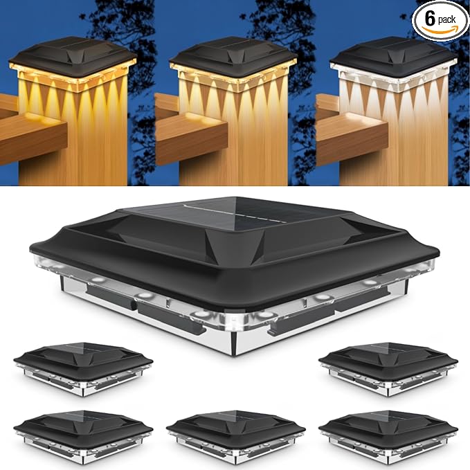 Solar Post Cap Lights Outdoor 6 Pack Upgraded 16LED Spot Lens Waterproof Post Light 3-Color Modes Warm & Cool & Neutral White Solar Light Fit for 4x4 3.5x3.5 Vinyl and Wooden Dock Fence Deck Posts