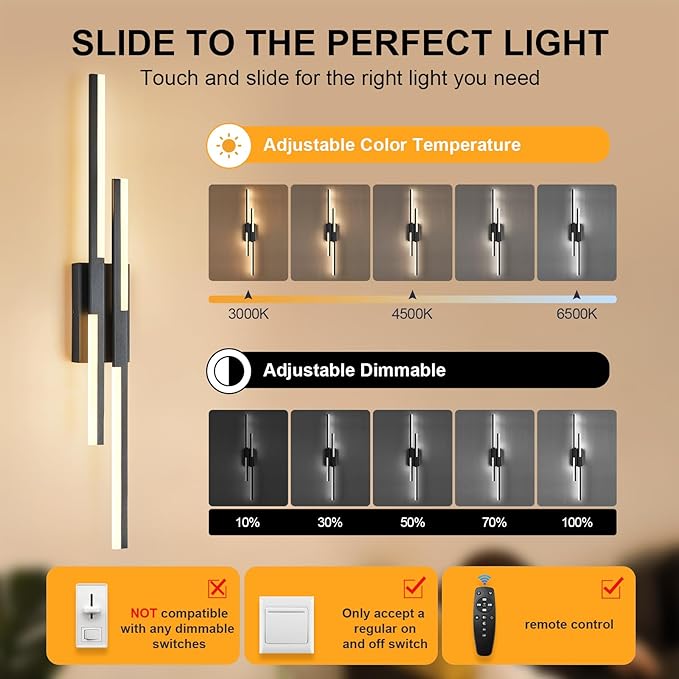Benkut Modern LED Wall Sconce Black Remote Wall Light Fixtures for Bathroom, Dimmable Vanity Light Indoor LED Remote Wall Sconce for Living Dining Room Bedside Bedroom (3000-6500K 35.4inch)
