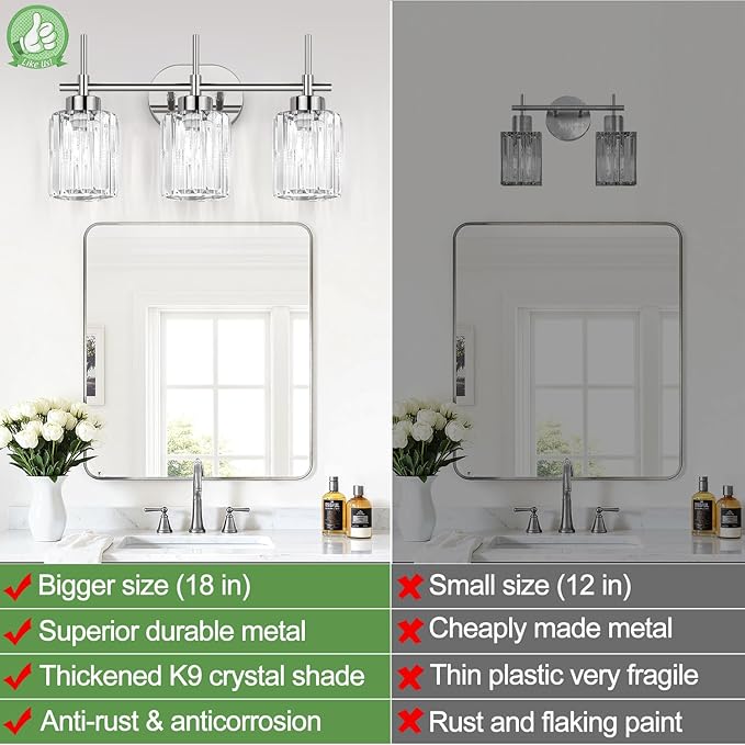 Modern Crystal Bathroom Vanity Light, 3-Light Chrome Vanity Light with Clear K9 Crystal Shades, Bathroom Light Fixtures Over Mirror (Bulbs Not Included)