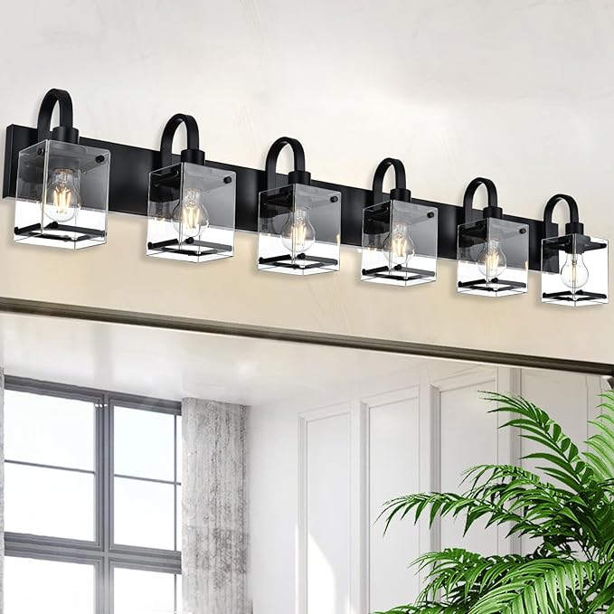 6 Light Bathroom Vanity Lights Fixtures, Black Bathroom Wall Lights Modern Bath Wall Mounted Lights with Clear Glass Shade Wall Light for Mirror Bed Hallway (E26 Base)