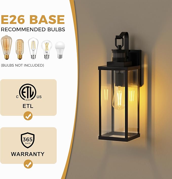 DORESshop Large Size Motion Sensor Outdoor Wall Lights, 18 Inch Matte Black Waterproof Anti-Rust Outdoor Light Fixtures Wall Mount with Clear Glass Shade for Porch, Garage, ETL Listed, 2 Pack