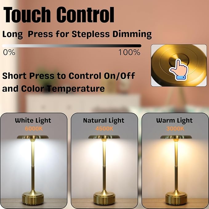 Cordless Portable LED Table Lamp， Rechargeable Battery Operated Desk Lamp with Touch Sensor Three-Level Dimmable Suitable for Home Office Bedroom Hotel Room Restaurant Outdoor (Gold)