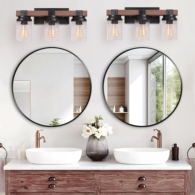 Farmhouse Vanity Light Fixtures, 3-Light Rustic Bathroom Lights Over Mirror with Pretty Glass Shade, Industrial Black Metal Wood Wall Decor Sconces for Living Room Hallway Stairway