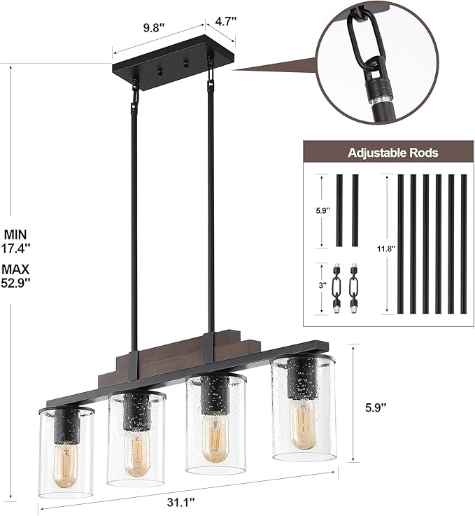 Farmhouse Wood Kitchen Island Lighting, 4-Light Adjustable Chandelier for Dining Room, Seeded Glass Shade Dining Room Light Fixture Over Table, Black Hanging Pendant Lights for Kitchen, Pool Table
