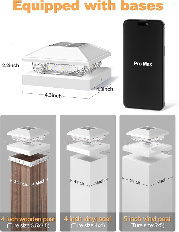 VOLISUN 4x4 Solar Fence - Post Lights 12pack, Post Cap Light Outdoor Waterproof, Whtie Deck Cap Light Solar Powered with Warm White,for 4x4 Wooden/4x4 or 5x5 Vinyl