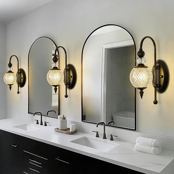 Vintage Black Wall Sconce with Acrylic Globe Shade Indoor Wall Light for Bathroom Bedroom Hallway Farmhouse