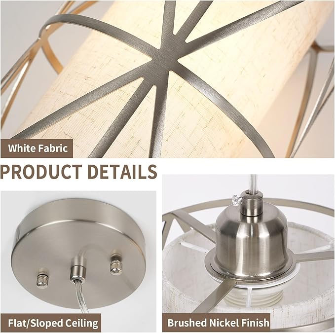Modern Pendant Lights Kitchen Island - Adjustable Height Brushed Nickel Kitchen Pendant Lights with Linen Shade, UL Certified Pendant Lighting for Dining Room, Entryway